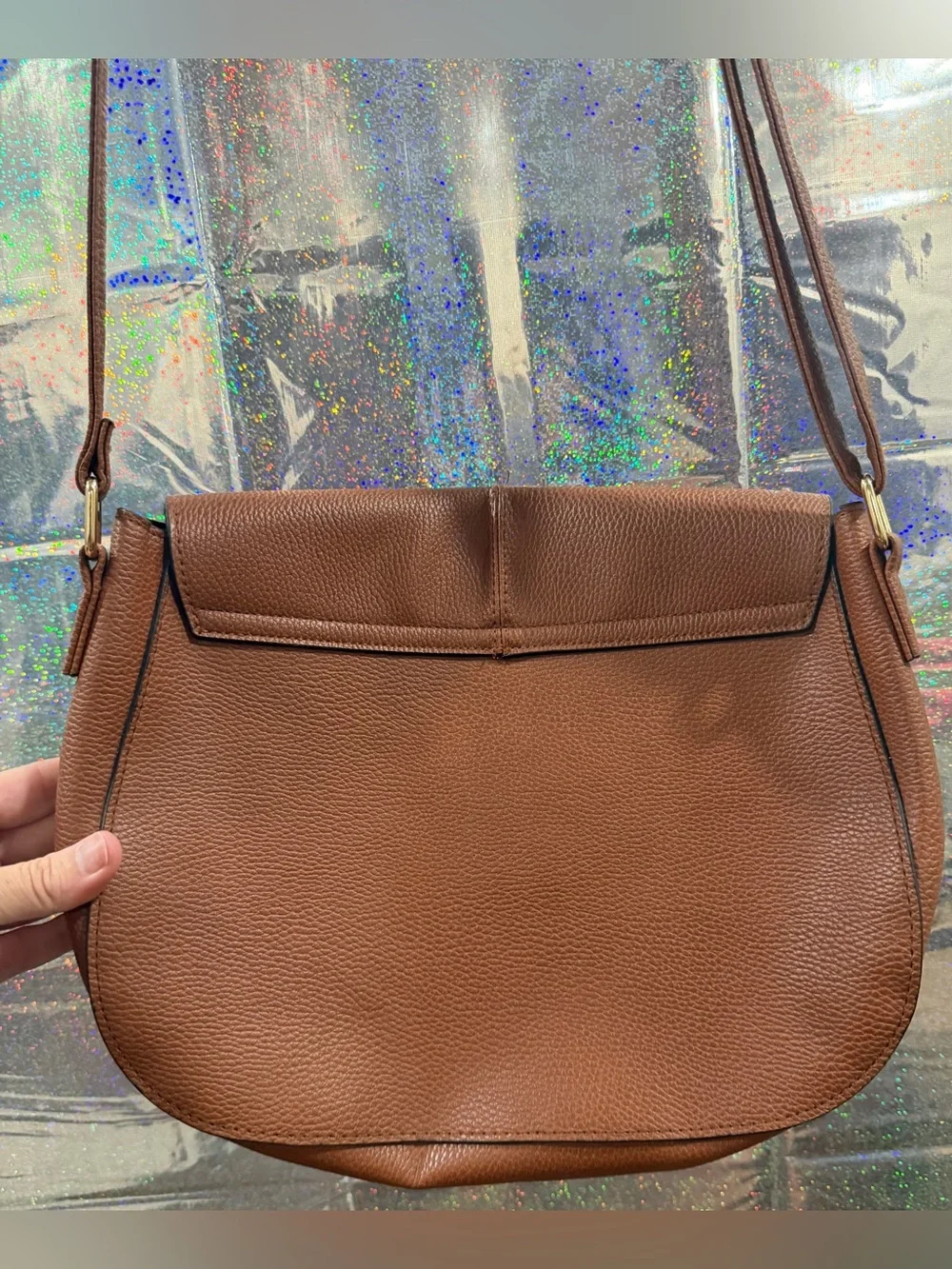 Primark Cognac Faux Leather Saddle Crossbody Bag Double Zip Accent
